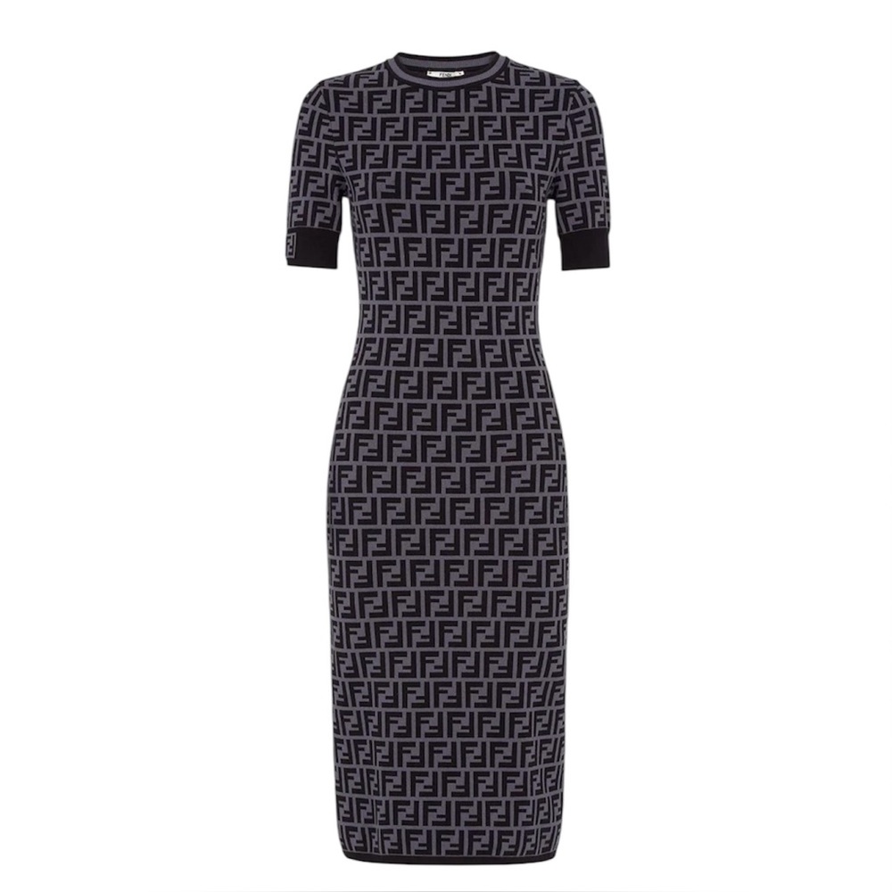 FENDI Black and Gray Monogram Short Sleeved Midi Sweater Dress size 40IT (NWT)